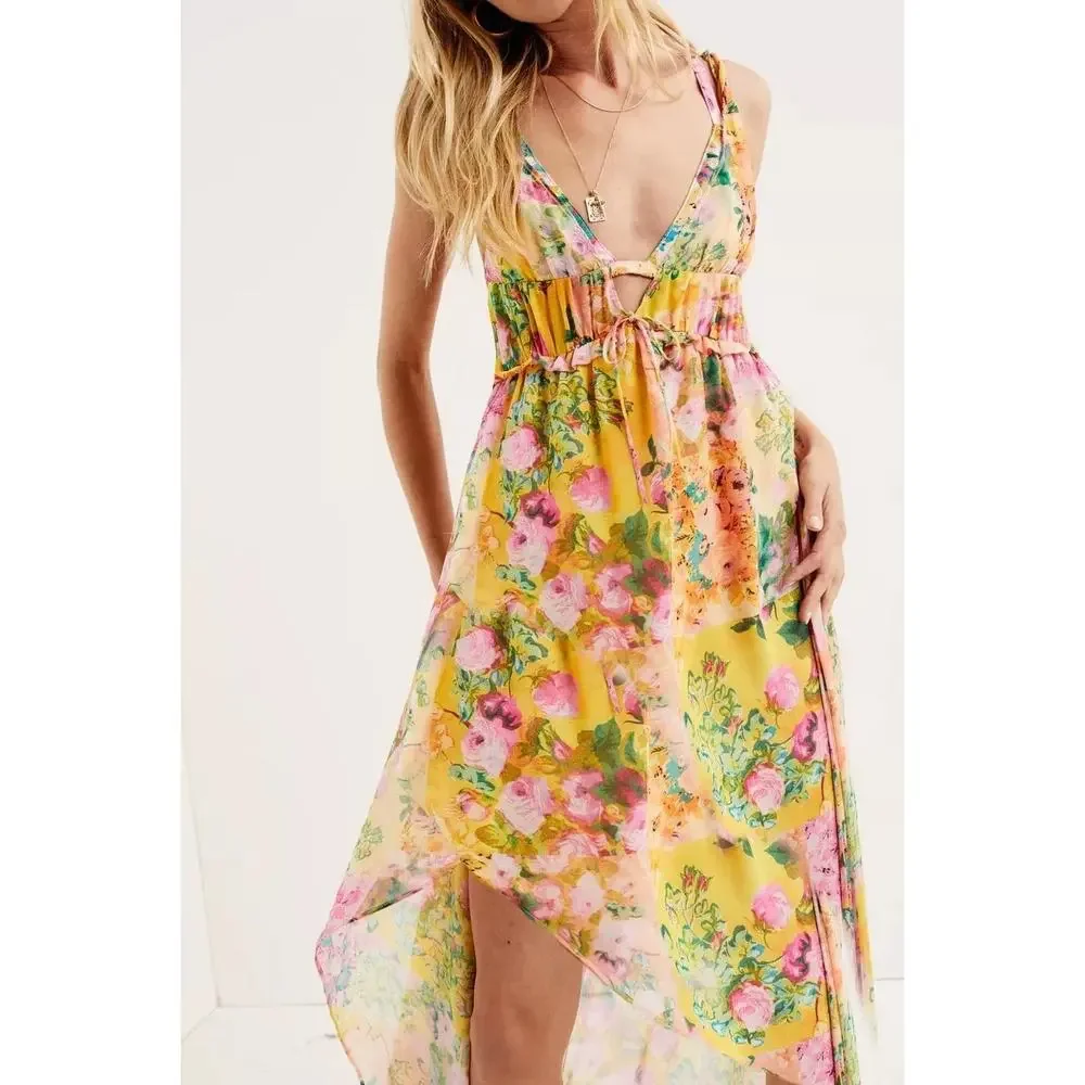 For Love and Lemons Floral Chiffon Asymmetric Madison Maxi Dress Size L NWT